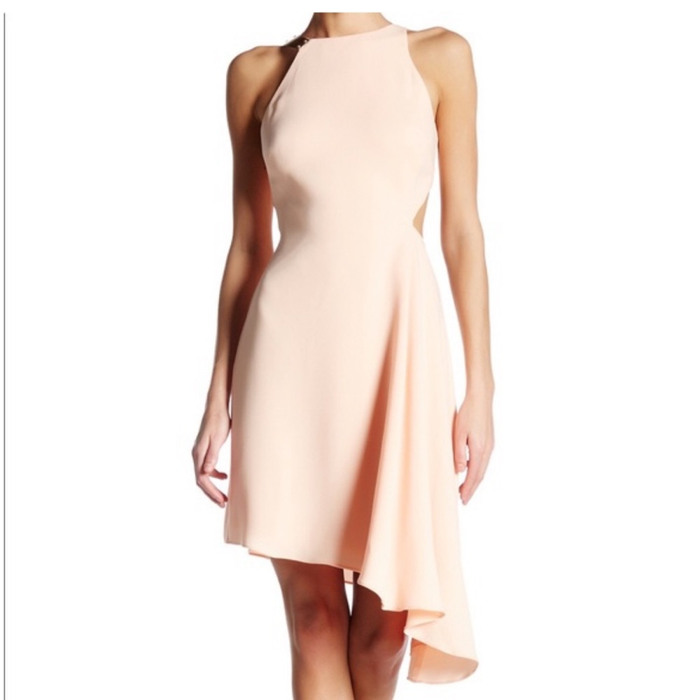 Halston Heritage Asymmetrical Hem Dress with Gold Hardware and Side Cutout Peach